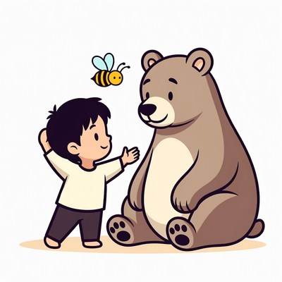 Boy reaching to bear and bee