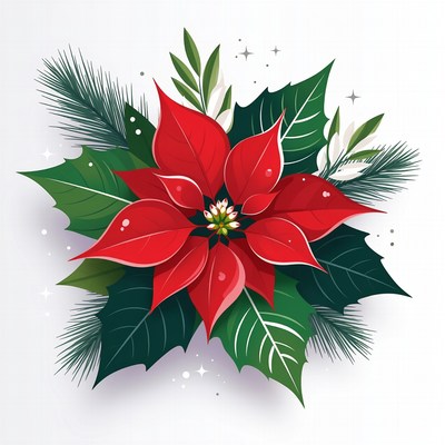 Red Poinsettia with Pine and Leaves