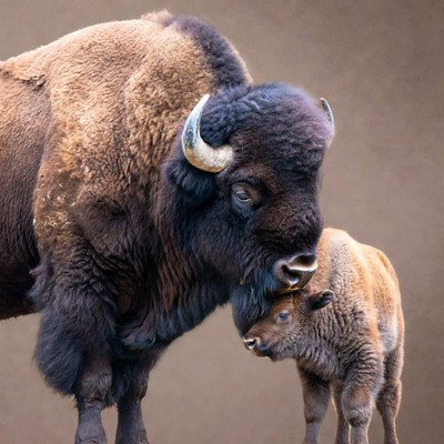 Bison mother nuzzling calf
