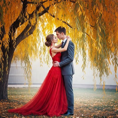 Couple embracing under autumn tree