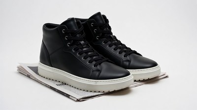 Black leather high-top sneakers on newspaper