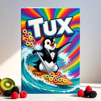 Tux Penguin Surfing on Cereal Box
