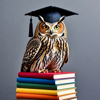 Owl wearing graduation cap on books