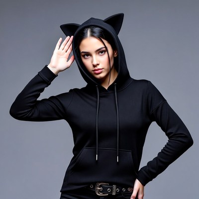 Woman in black cat ear hoodie