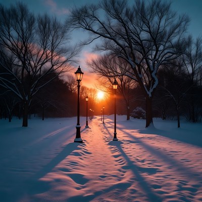 Snowy Path with Lanterns at Sunset