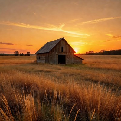 Old Barn in Golden Sunset Field