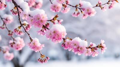 Pink Cherry Blossoms Covered in Snow