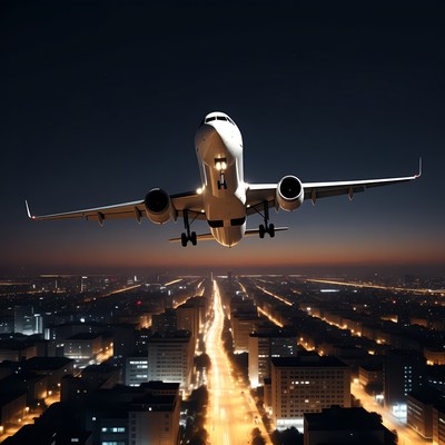 Airplane flying over city at night