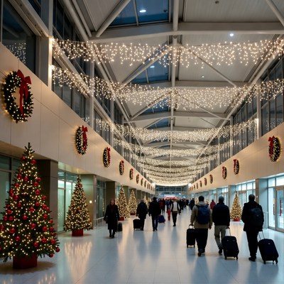 Christmas-decorated airport terminal with travelers
