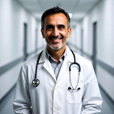 Smiling male doctor in hospital corridor