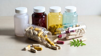 Colorful spilled supplement pills bottles