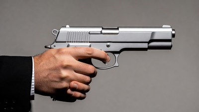 Man's hand holding silver pistol