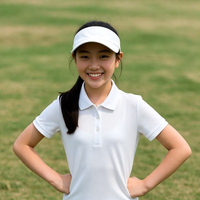 Asian girl in white visor on grass