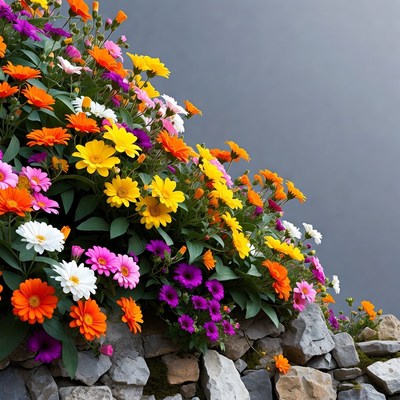 Colorful Daisies on Stone Wall