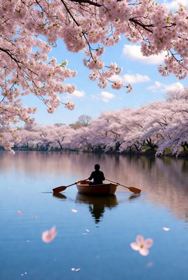 Man rowing boat under cherry blossoms