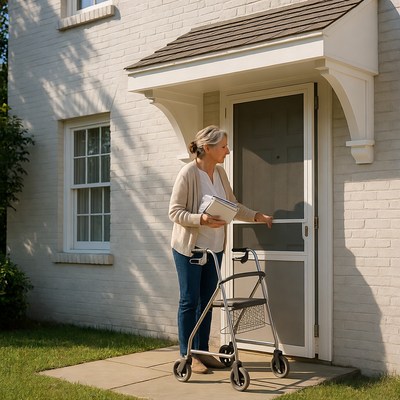 Elderly woman opening front door with walker