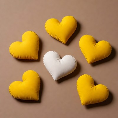 Yellow and White Heart Pillows Arranged