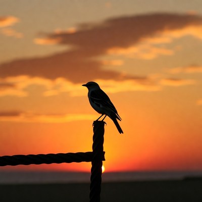Silhouette of Mockingbird on Fence at Sunset