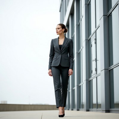 Business woman walking in front of glass building