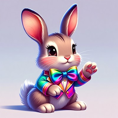 Cute bunny waving in rainbow tuxedo