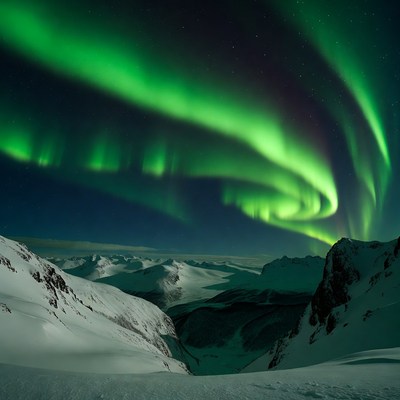 Vibrant Northern Lights over Snowy Mountains