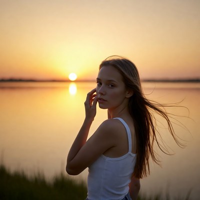 Woman with long hair at sunset lake