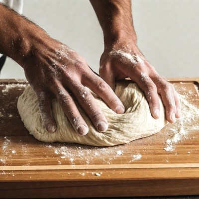 Man kneading dough on wooden board