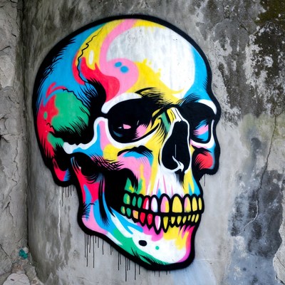 Colorful Graffiti Skull on Wall