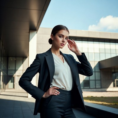 Business woman posing outside modern building