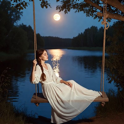 Woman in white dress on swing by lake