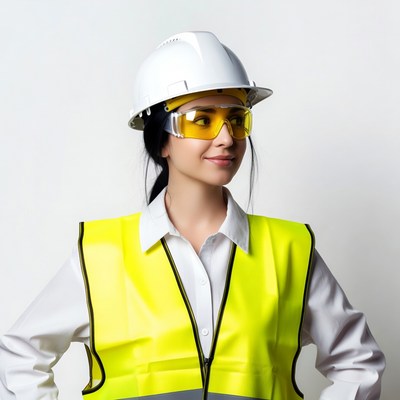 Asian woman in hard hat and safety vest