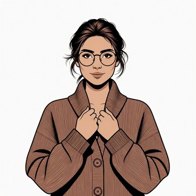 Woman in brown cardigan with glasses
