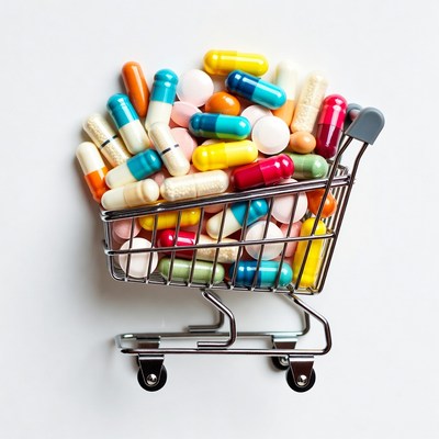 Shopping Cart Filled with Colorful Pills