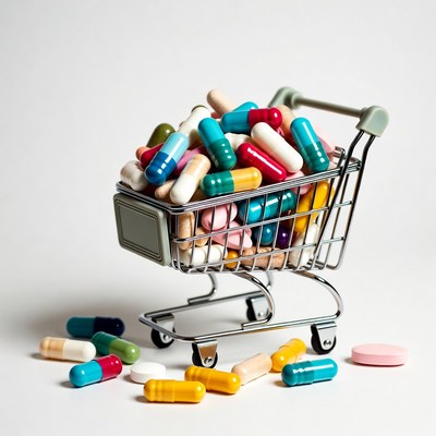 Shopping Cart Filled with Colorful Pills