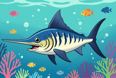Cartoon Blue Marlin Swimming Underwater