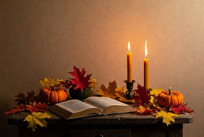 Autumn Thanksgiving Table with Pumpkins and Candles