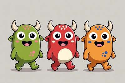 Three Cute Cartoon Monsters Walking