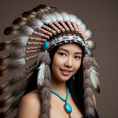 Asian woman in Native American headdress