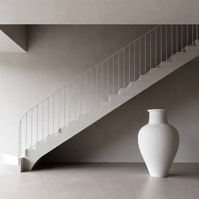 White Vase Beside Modern Staircase