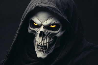 Glowing Yellow-Eyed Skull in Hood