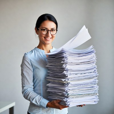 Woman holding stack of papers