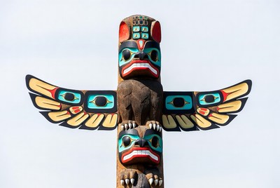 Colorful Totem Pole with Raven and Bear