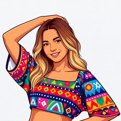 Smiling woman in colorful boho top