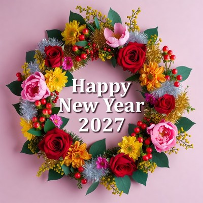 Happy New Year 2027 Flower Wreath