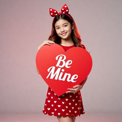 Asian girl holding Be Mine heart sign