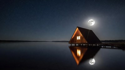 Lit Cabin on Lake Under Moonlight
