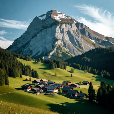Swiss Village Beneath Snowy Mountain