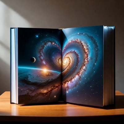 Open book with cosmic heart galaxy