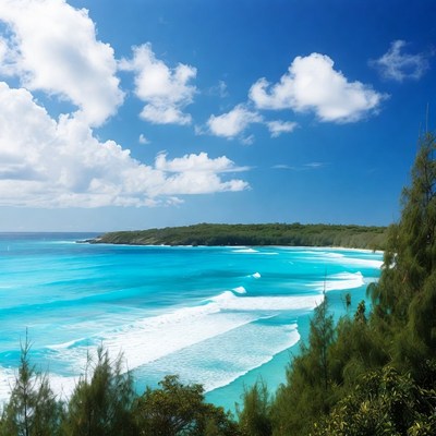 Turquoise Ocean Waves Crashing on Green Shore