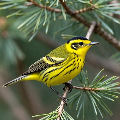 Yellow-rumped Warbler on pine branch